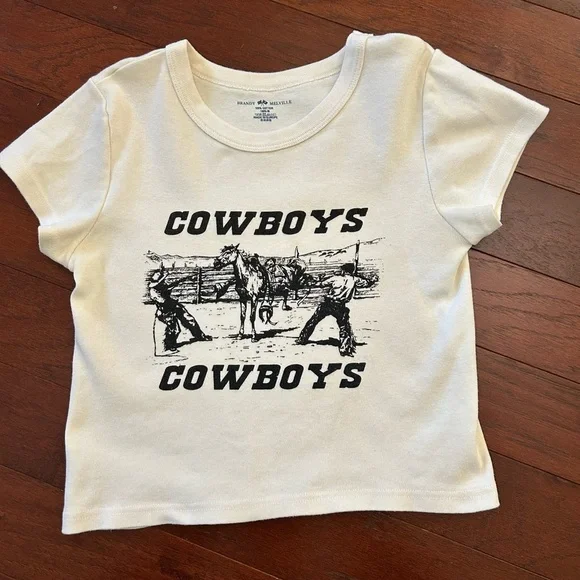 Brandy Melville Black and Cream Cowboy baby tee one size cotton made in Europe - Picture 2 of 7